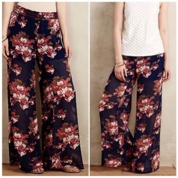 Elevenses Wide Leg Floral Pants Size Small High Waisted Sheer Boho Resort Beach - Picture 1 of 5